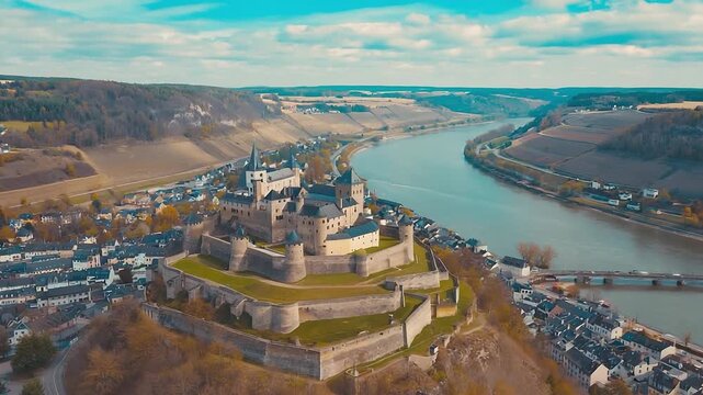 Beautiful castle sits on a hill overlooking a river