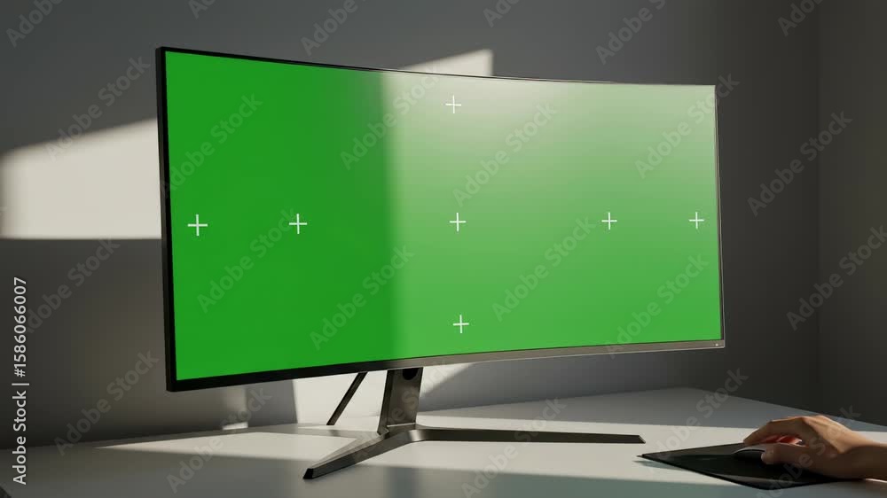 Poster modern curved monitor with green screen displaying tracking markers, ideal for virtual sets, present