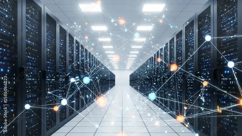 Poster a modern data center with rows of servers and a glowing network connecting them, representing advanc