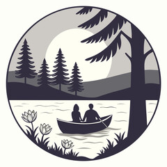Couple in Boat on Lake Silhouette with Trees and Flowers