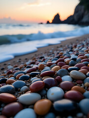 Obraz premium tight wide shot serene ocean shoreline dusk assortment colorful pebbles strewn foreground gentle waves