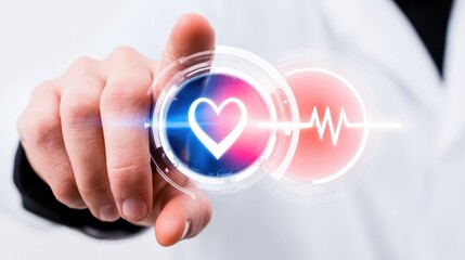 Vitality's Touch: A doctor's hand interacts with a glowing interface, highlighting healthcare and medical advancements. the power of connection between healthcare and patient.