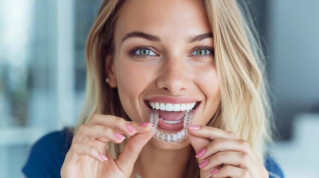 Beautiful young woman inserting clear dental aligner and smiling in modern cosmetic dental care scene