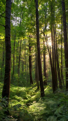 Naklejka premium Photo of sunlight illuminates a path through a dense green forest