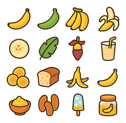 banana varieties and forms modern flat style. ripe banana, green banana, banana bunch, peeled banana, banana slice, banana leaf, banana flower, banana smoothie, banana