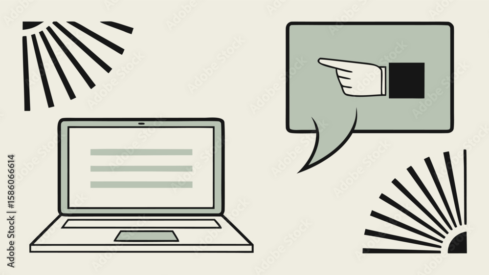 Poster illustration of a laptop computer with a speech bubble pointing to the right