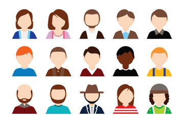 Diverse Avatars: A collection of diverse avatars, representing a wide array of individuals, ready to be used in various creative projects. These icons, devoid of complex details.