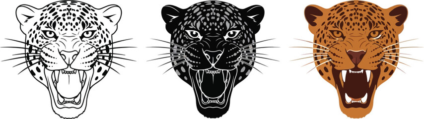 Obraz premium Three stylized jaguar heads showcase different color variations, from a simple black outline to a solid black fill and a classic orange and black spotted design, all with fierce expressions.
