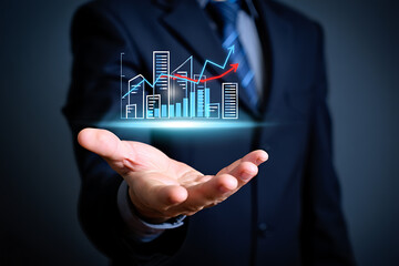 A businessman is presenting a digital hologram of a city skyline and upwardtrending charts, symbolizing business growth and financial success