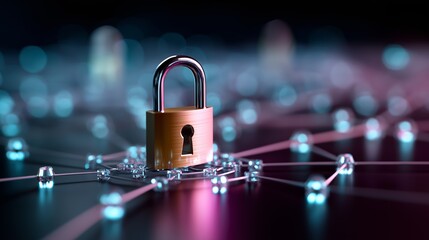 Digital padlock protects interconnected network nodes symbolizing cybersecurity. IT infrastructure guarded for digital trust. AI generated.