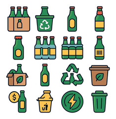 beer bottle packaging and recycling modern flat style. cardboard box, recycling bin, bottle label, safety seal, tamper proof cap, shrink wrap, plastic six-pack ring