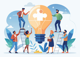Obraz premium Business Brainstorming Concept, Flat Vector of Diverse Team Assembling Light Bulb Puzzle