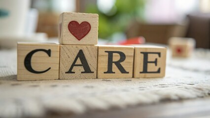 Stack of wooden blocks spelling “CARE” with a heart symbol on top — compassionate healthcare concept
