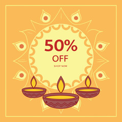 Diwali Sale Banner with Oil Lamps and 50% Off Text