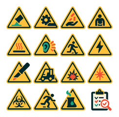 caution workplace hazards modern flat style. chemical spill, machinery hazard, falling objects, confined space, hot surface, loud noise, trip hazard, electrical shock