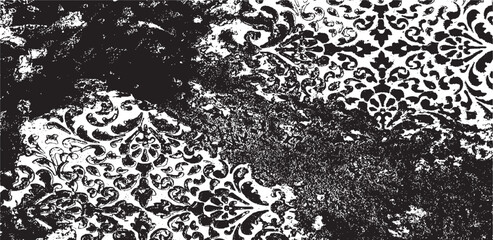 Monochrome texture composed of irregular graphic elements. Distressed uneven grunge background. Abstract vector illustration. Overlay for interesting effect and depth. Isolated on white background.
