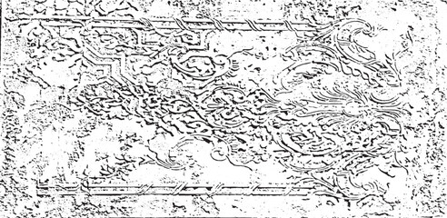 Monochrome texture composed of irregular graphic elements. Distressed uneven grunge background. Abstract vector illustration. Overlay for interesting effect and depth. Isolated on white background.
