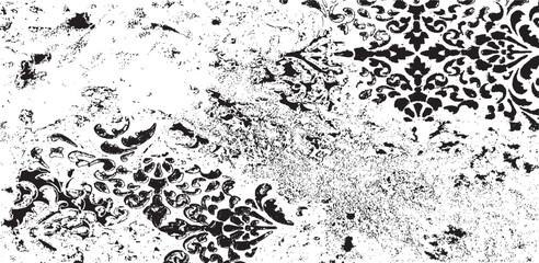 Monochrome texture composed of irregular graphic elements. Distressed uneven grunge background. Abstract vector illustration. Overlay for interesting effect and depth. Isolated on white background.
