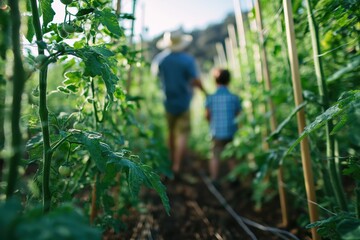 Vegetable garden scene featuring a man and child walking among lush green plants, showcasing the beauty of nature and the joy of gardening together in a vibrant outdoor setting