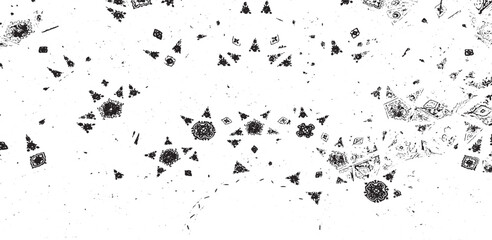 Monochrome texture composed of irregular graphic elements. Distressed uneven grunge background. Abstract vector illustration. Overlay for interesting effect and depth. Isolated on white background.
