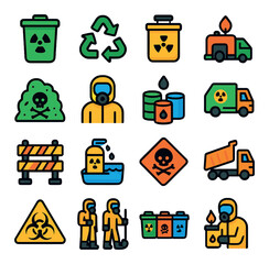 toxic waste management and disposal modern flat style. waste bin, recycling symbol, hazardous waste container, incinerator, landfill site, protective suit, chemical