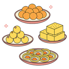 Flat vector illustration of Indian Diwali sweets on plates
