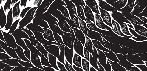 Monochrome texture composed of irregular graphic elements. Distressed uneven grunge background. Abstract vector illustration. Overlay for interesting effect and depth. Isolated on white background.

