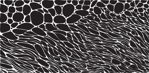 Monochrome texture composed of irregular graphic elements. Distressed uneven grunge background. Abstract vector illustration. Overlay for interesting effect and depth. Isolated on white background.
