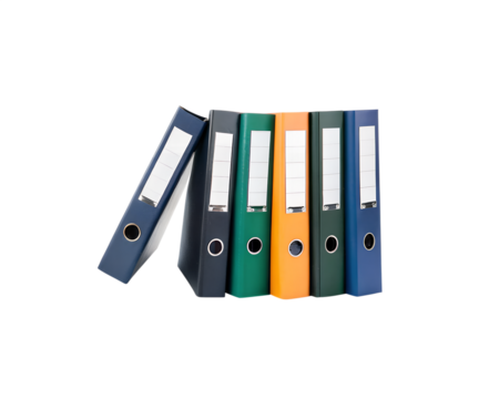 A row of six vibrant binders in black, red, blue, green, and orange, neatly aligned, representing organized documentation. Isolated on a transparent background