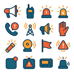 alarm communication and signals modern flat style. megaphone, walkie-talkie, siren, flashing light, emergency call, radio tower, loudspeaker, hand signal, signal flare