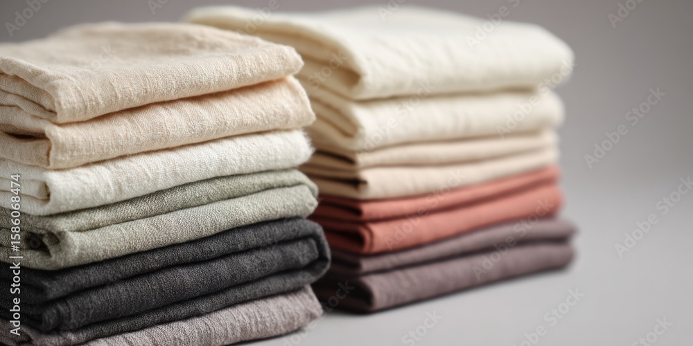 Poster neatly folded stack of organic cotton fabrics in a range of neutral colors showcasing texture and qu