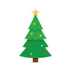 Green Christmas Tree Vector Illustration with Star Ornaments and Brown Trunk on White Background