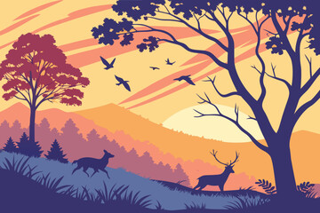 Deer and birds in a colorful mountain landscape at sunrise