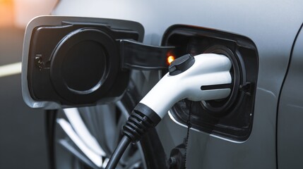 
Power supply for electric car charging. Electric car charging station. Close up of the power supply plugged into an electric car being charged generated image