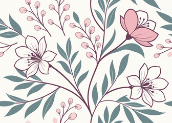 Fototapeta premium Floral pattern with pink flowers and green leaves green leaf