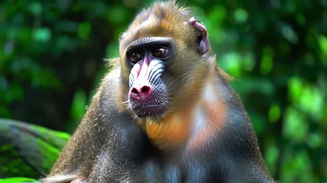 A Mandrill monkey stares forward displaying its vibrantly colored face and body in a lush green environment