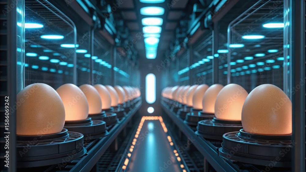Poster futuristic scene with glowing eggs arranged in a high-tech environment, showcasing advanced technolo