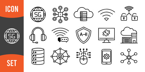 Minimalist Flat Line Art Icon Set of Technology and Connectivity Featuring 5G and AI Symbols
