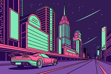 Neon Cityscape with Sports Car at Night urban road
