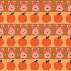 Obraz premium seamless pattern cute cartoon bunny with orange fruit. cute animal pattern with stripe background and wallpaper