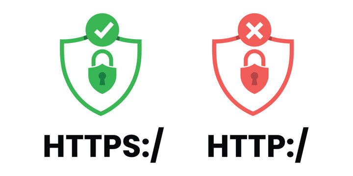 Http and https on shields linear vector illustration on white background. Web browser protocols isolated logos.  Https and http security certificates on white background