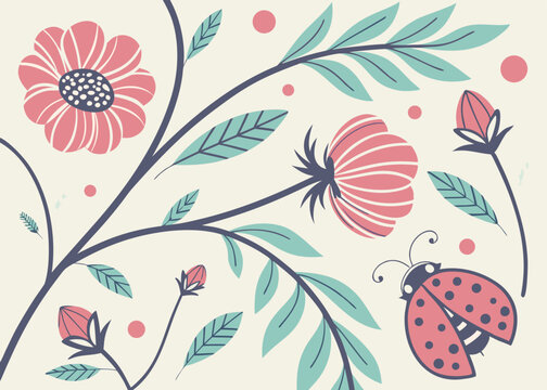 Pink flowers and ladybug on a light background floral