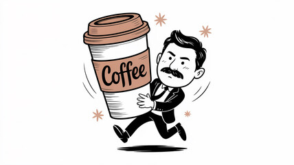 A black and white cartoon illustration of a man running while carrying an oversized disposable coffee cup.