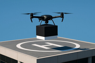 Drone Delivery System: Modern Black Quadcopter Landing on Rooftop Helipad