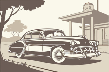 Vintage car parked at a roadside service station classic car