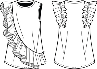 Elegant Long Sleeve Maxi Dress Vector, Wide Round Neckline. Flowing Women's Apparel Technical Flat Sketch Design Template.