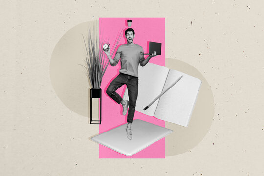 Composite sketch image design artwork collage of young man stand computer device remote online internet balance clock time cup hold laptop