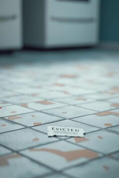 A roach gets an eviction notice - realistic cockroach stands in a kitchen interior representing pest control service insect bug removal or pest deterrent - funny advertisement