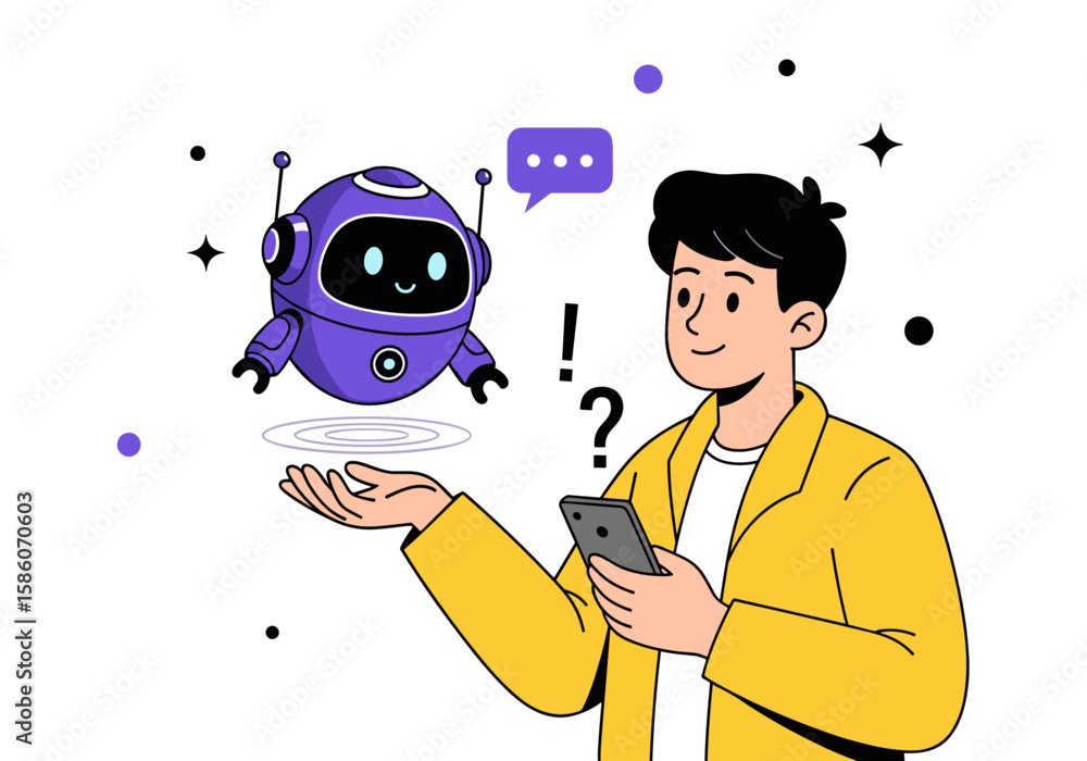 Poster a smiling man holds a smartphone while interacting with an adorable floating ai chatbot, illustratin