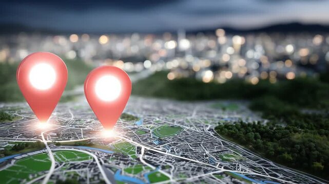 Explore a digital city map featuring grid streets, green parks, and glowing red pins for real estate, complete with icons for nearby amenities and route options.